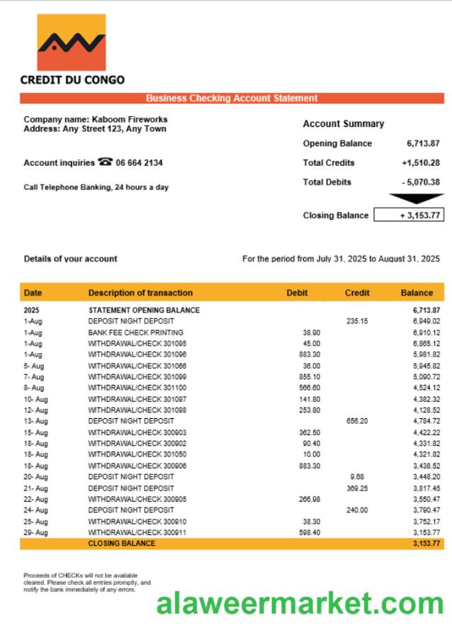 Congo Credit du Congo bank business account statement Word and PDF template